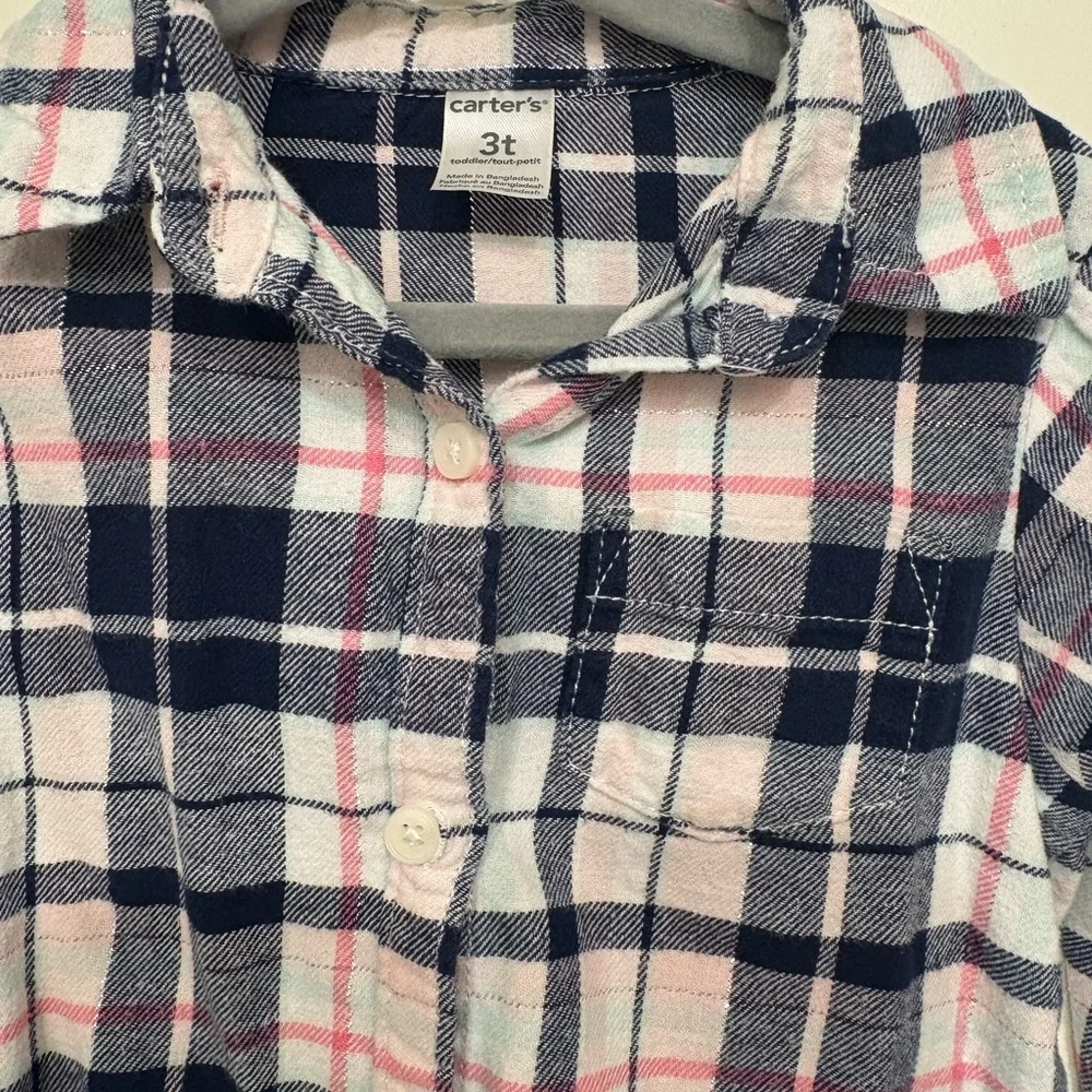 Carter's Toddler Girls Blue Pink Metallic Plaid Flannel Button Up Shirt Size 3T
